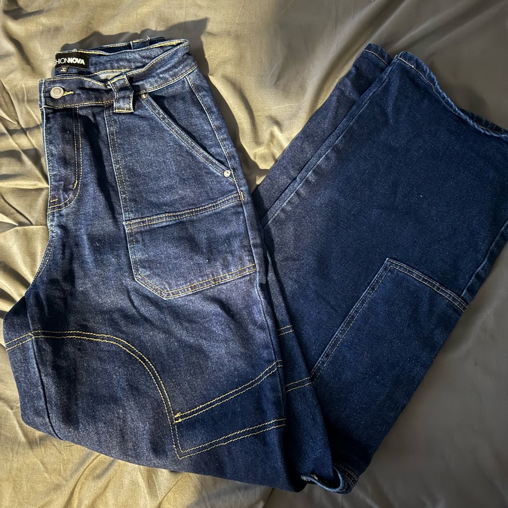 Fashion Nova Women's Dark Blue Denim Overalls